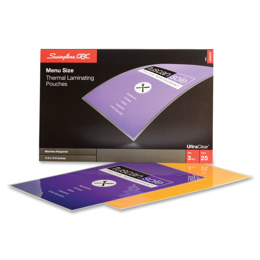 GBC UltraClear Thermal Laminating Pouches - Sheet Size Supported: Menu - Laminating Pouch/Sheet Size: 11.50" Width x 17.50" Length x 3 mil Thickness - Glossy - Flexible, Wear Resistant, Tear Resistant - Clear - 25 / Pack