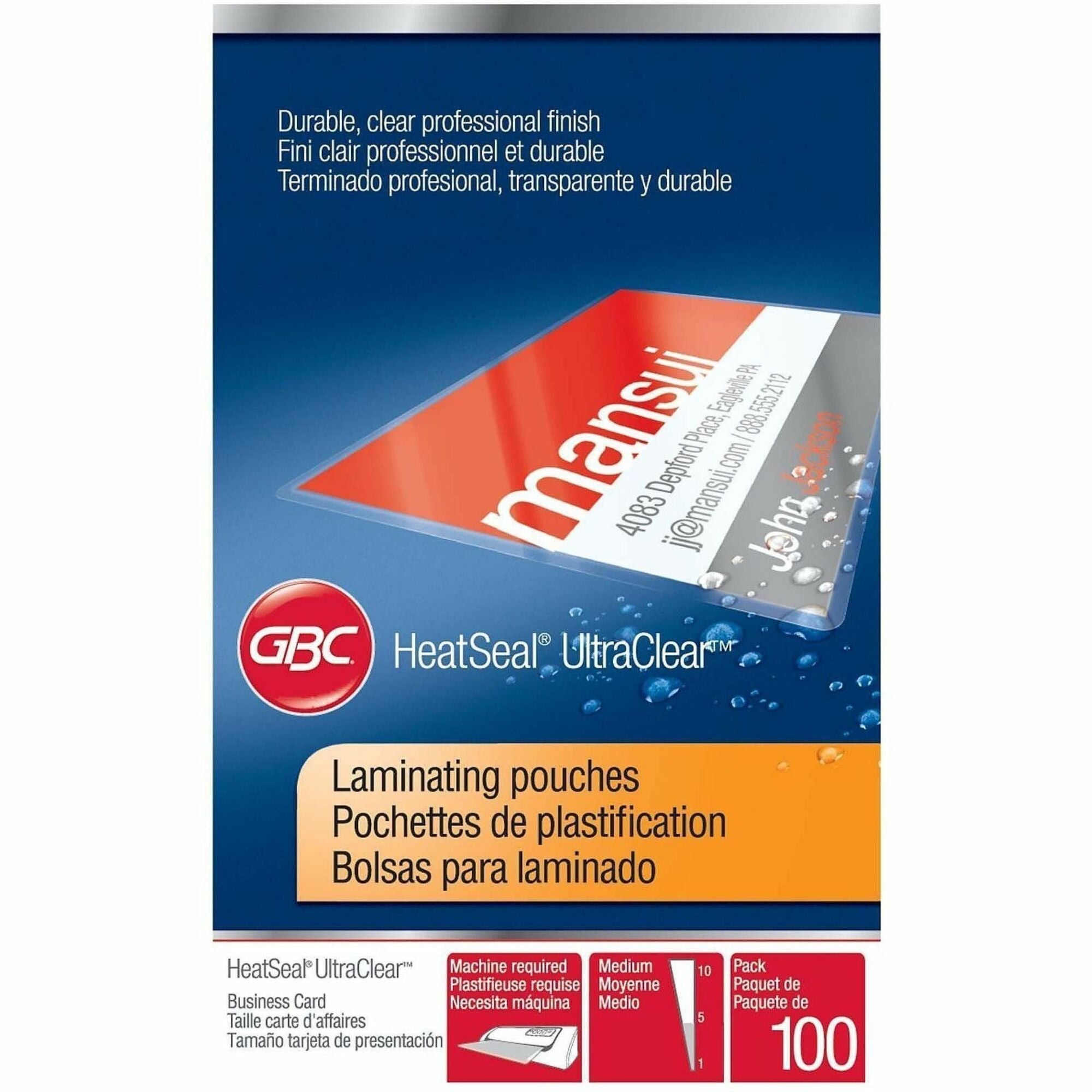 Laminating Pouch/Sheet Size: 2.18" Width x 3.68" Length x 7 mil Thickness - for Business Card - Clear - 100 / Box