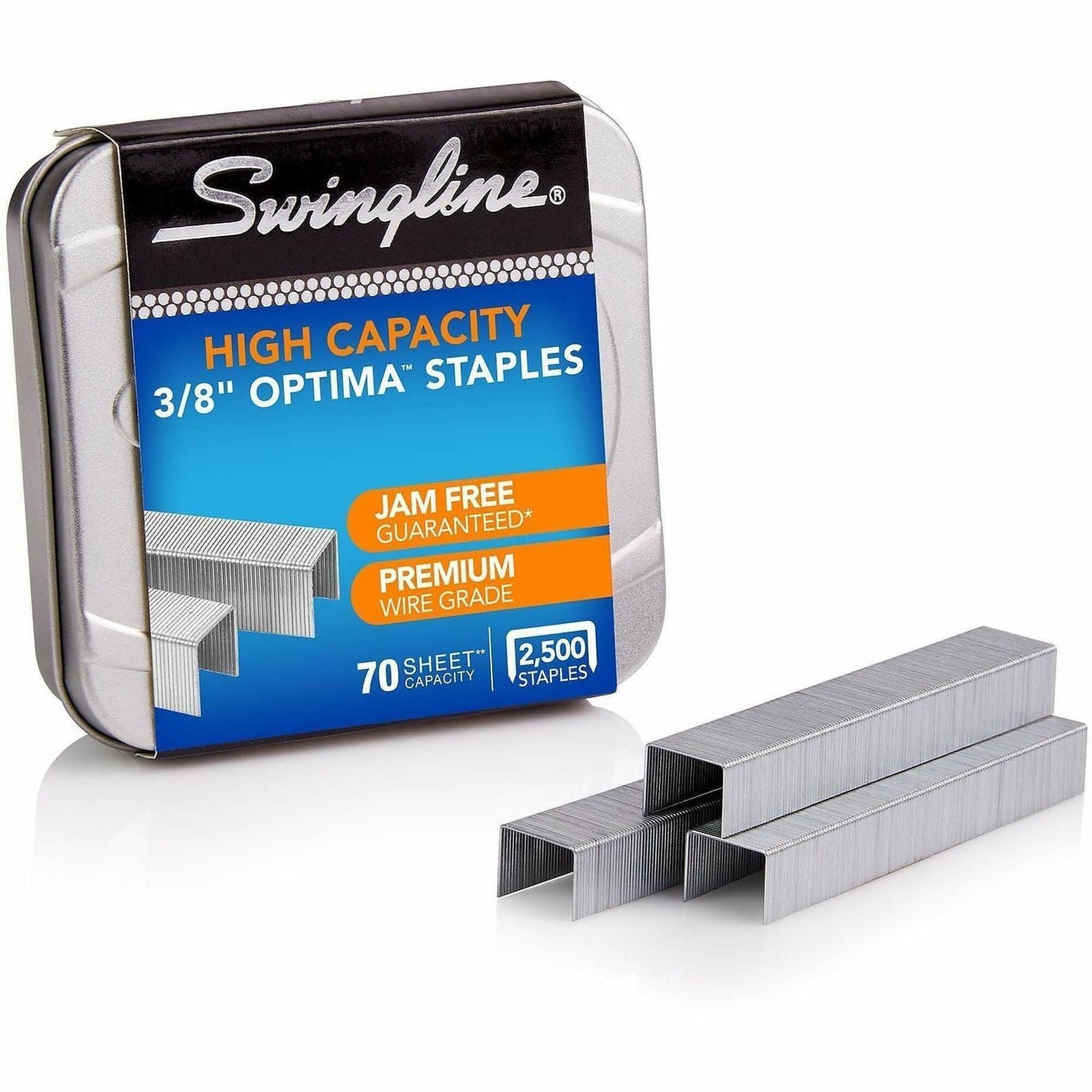 High Capacity - 3/8" Leg - 1/2" Crown - Holds 70 Sheet(s) - for Paper - Silver - 0.5" Width x 0.4" Length - 125 Per Strip - 2500 / Box