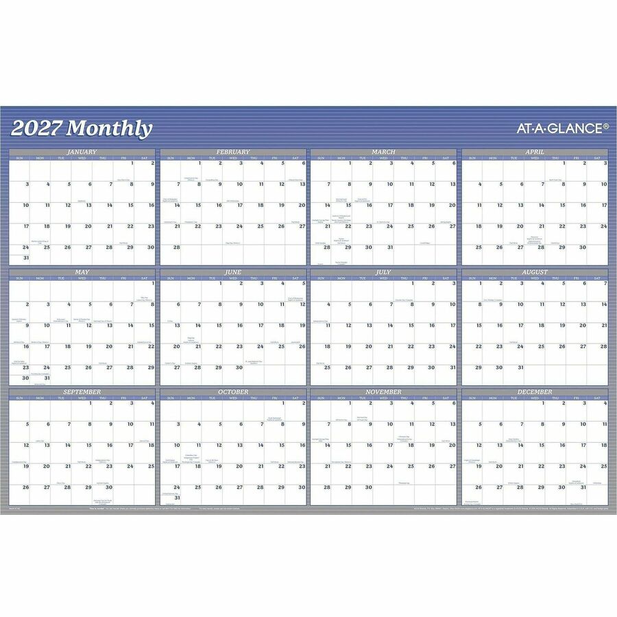 At-A-Glance Vertical Horizontal Reversible Erasable Wall Calendar, Large, Yearly, 12 Months, Jan-Dec 2026, 36" x 24", White/Blue, Laminate, 1 Each