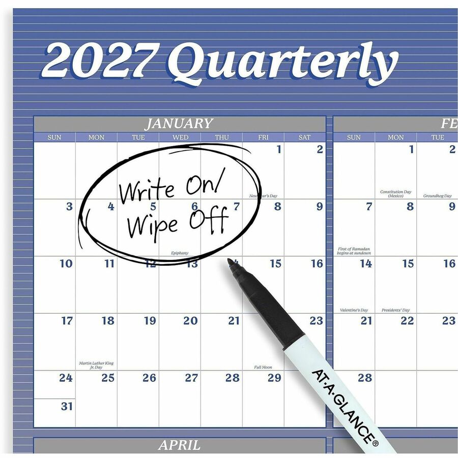 At-A-Glance Vertical Horizontal Reversible Erasable Wall Calendar, Large, Yearly, 12 Months, Jan-Dec 2026, 36" x 24", White/Blue, Laminate, 1 Each