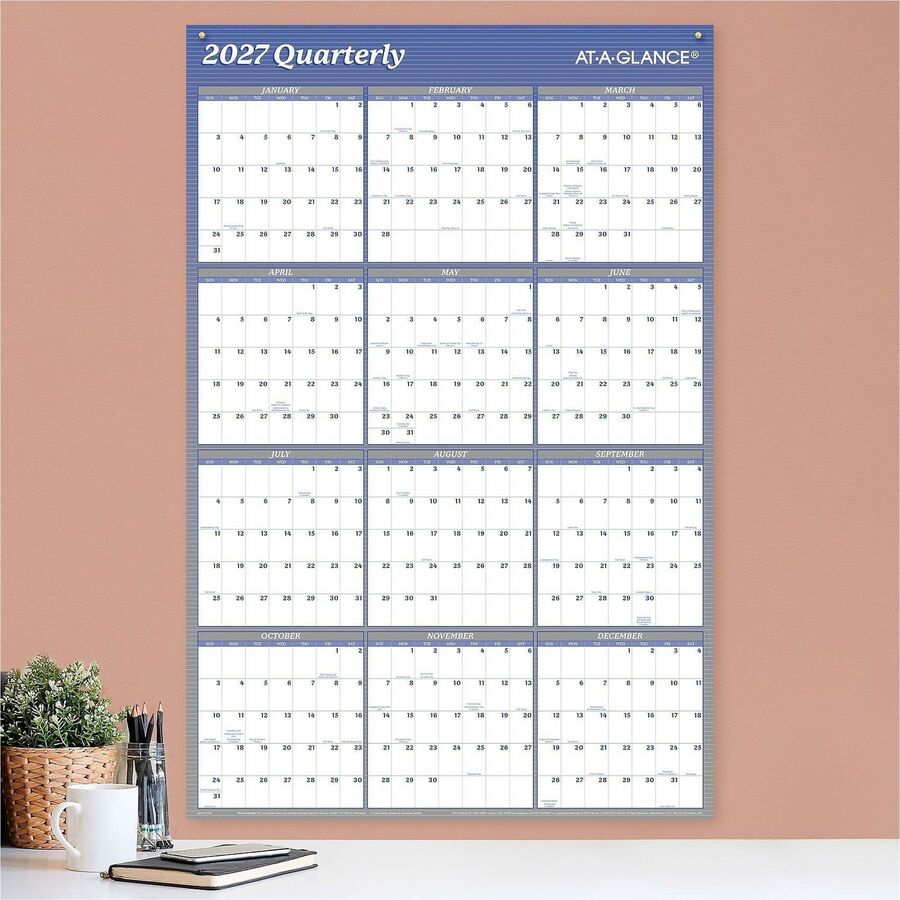 At-A-Glance Vertical Horizontal Reversible Erasable Wall Calendar, Large, Yearly, 12 Months, Jan-Dec 2026, 36" x 24", White/Blue, Laminate, 1 Each