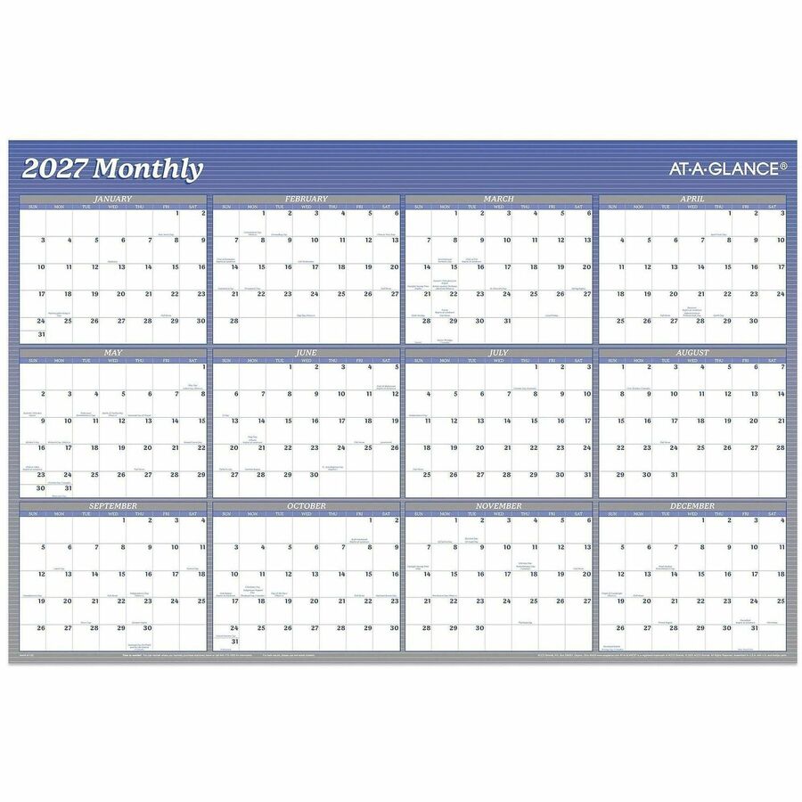 At-A-Glance Vertical Horizontal Reversible Erasable Wall Calendar, Large, Yearly, 12 Months, Jan-Dec 2026, 36" x 24", White/Blue, Laminate, 1 Each