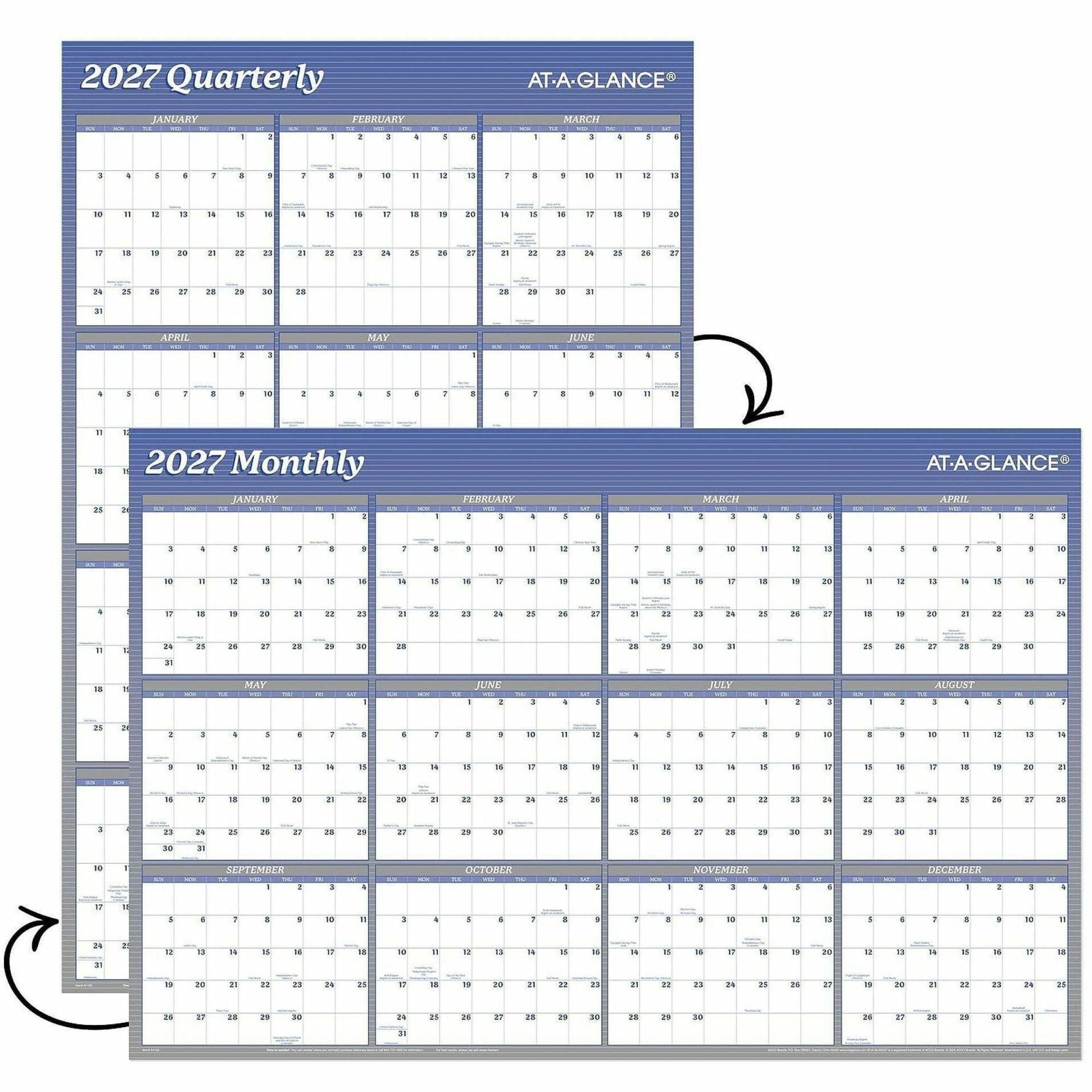 At-A-Glance Vertical Horizontal Reversible Erasable Wall Calendar, Large, Yearly, 12 Months, Jan-Dec 2026, 36" x 24", White/Blue, Laminate, 1 Each