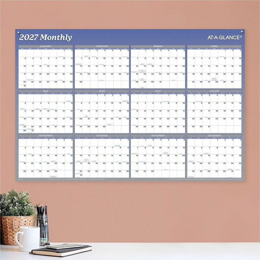 At-A-Glance Vertical Horizontal Reversible Erasable Wall Calendar, Large, Yearly, 12 Months, Jan-Dec 2026, 36" x 24", White/Blue, Laminate, 1 Each