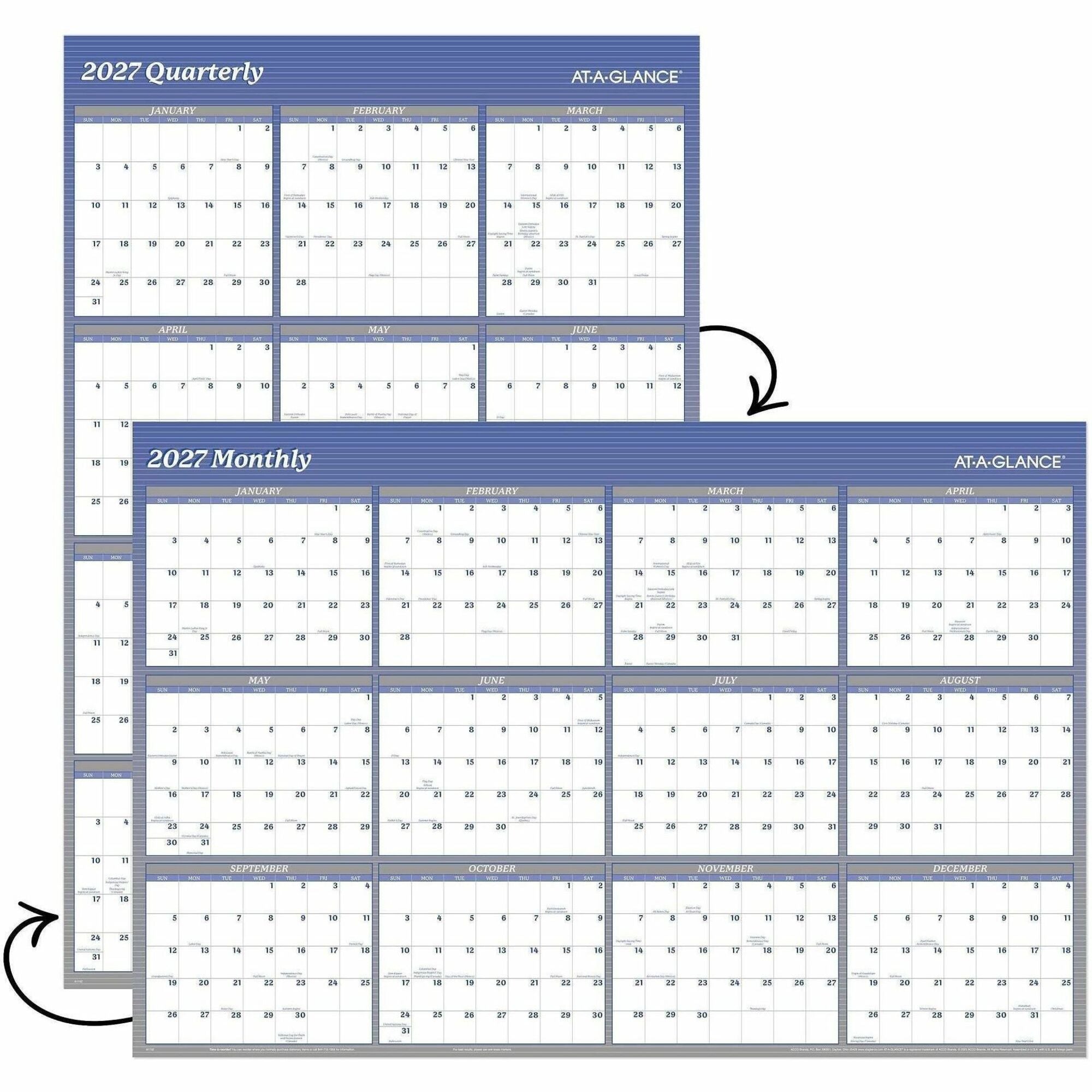 At-A-Glance Vertical Horizontal Reversible Erasable Wall Calendar, Extra Large, 12 Month, January 2026-December 2026, 48" x 32", White/Blue, Laminate, 1 Each