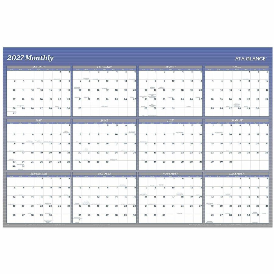 At-A-Glance Vertical Horizontal Reversible Erasable Wall Calendar, Extra Large, 12 Month, January 2026-December 2026, 48" x 32", White/Blue, Laminate, 1 Each