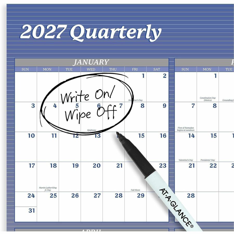 At-A-Glance Vertical Horizontal Reversible Erasable Wall Calendar, Extra Large, 12 Month, January 2026-December 2026, 48" x 32", White/Blue, Laminate, 1 Each