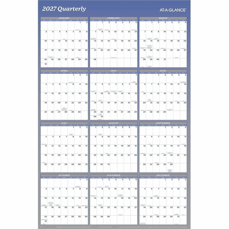 At-A-Glance Vertical Horizontal Reversible Erasable Wall Calendar, Extra Large, 12 Month, January 2026-December 2026, 48" x 32", White/Blue, Laminate, 1 Each