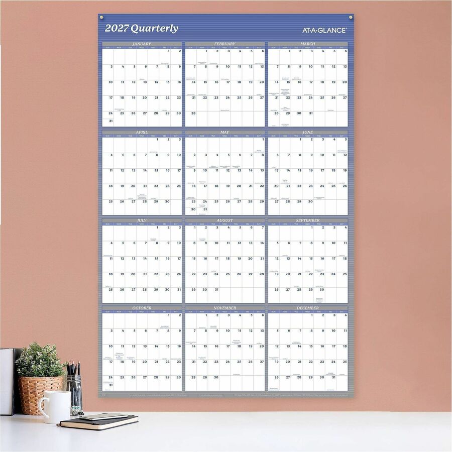 At-A-Glance Vertical Horizontal Reversible Erasable Wall Calendar, Extra Large, 12 Month, January 2026-December 2026, 48" x 32", White/Blue, Laminate, 1 Each