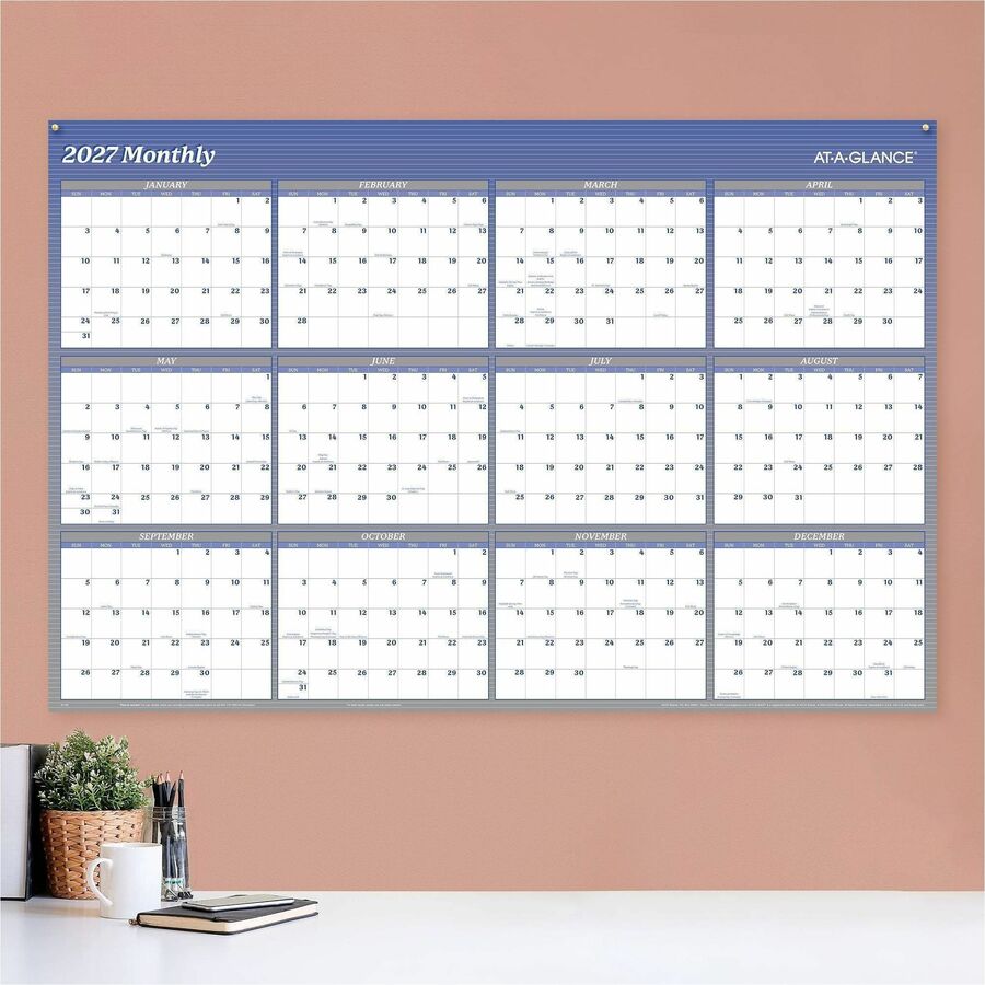 At-A-Glance Vertical Horizontal Reversible Erasable Wall Calendar, Extra Large, 12 Month, January 2026-December 2026, 48" x 32", White/Blue, Laminate, 1 Each