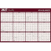 At-A-Glance Horizontal Reversible Erasable Wall Calendar, Extra Large, 12-Month, January 2026–December 2026, 48" x 32", White, Burgundy, Laminated, 1 Each, Includes 2 Wet-Erase Markers