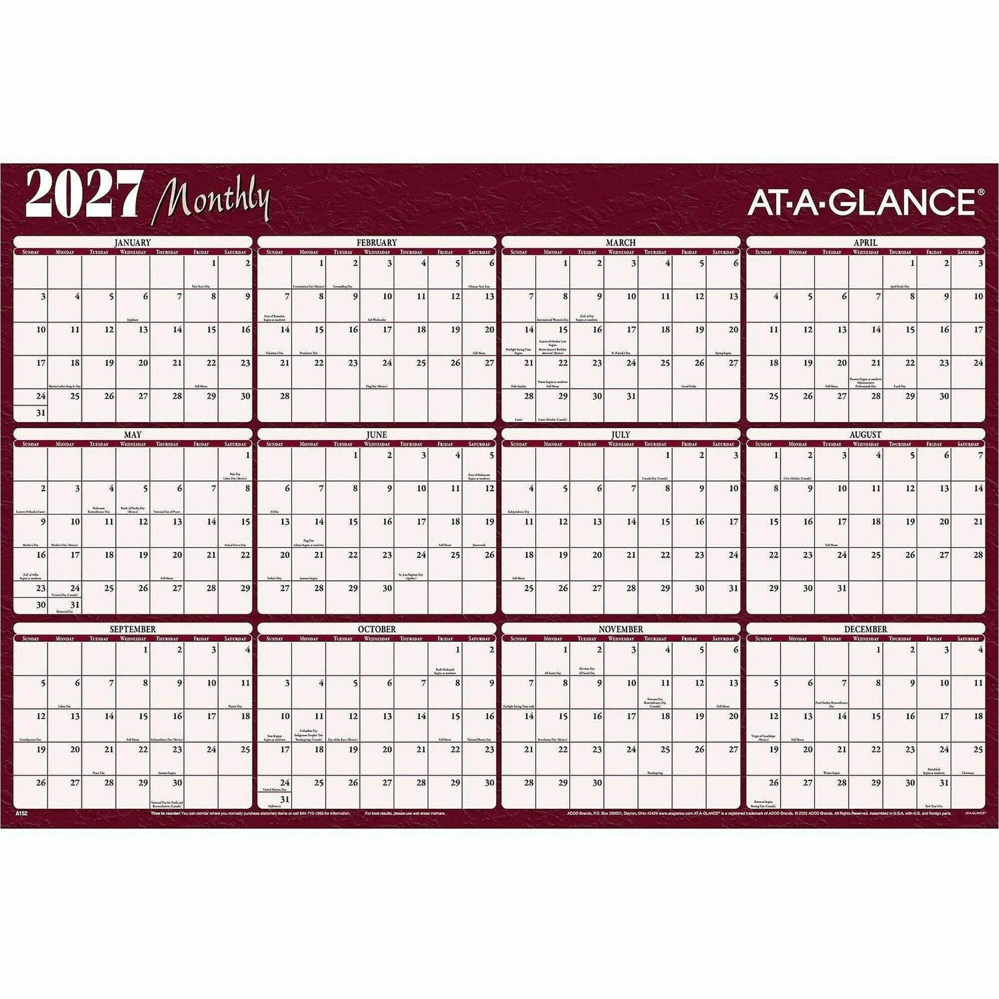 At-A-Glance Horizontal Reversible Erasable Wall Calendar, Extra Large, 12-Month, January 2026–December 2026, 48" x 32", White, Burgundy, Laminated, 1 Each, Includes 2 Wet-Erase Markers