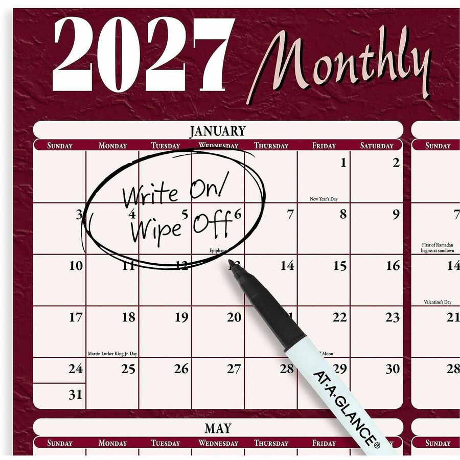 At-A-Glance Horizontal Reversible Erasable Wall Calendar, Extra Large, 12-Month, January 2026–December 2026, 48" x 32", White, Burgundy, Laminated, 1 Each, Includes 2 Wet-Erase Markers