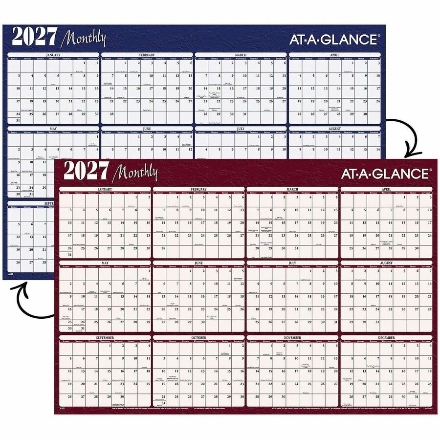 At-A-Glance Horizontal Reversible Erasable Wall Calendar, Extra Large, 12-Month, January 2026–December 2026, 48" x 32", White, Burgundy, Laminated, 1 Each, Includes 2 Wet-Erase Markers