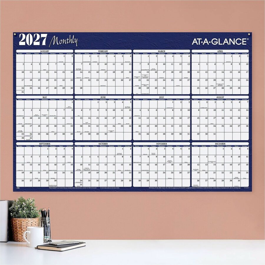 At-A-Glance Horizontal Reversible Erasable Wall Calendar, Extra Large, 12-Month, January 2026–December 2026, 48" x 32", White, Burgundy, Laminated, 1 Each, Includes 2 Wet-Erase Markers