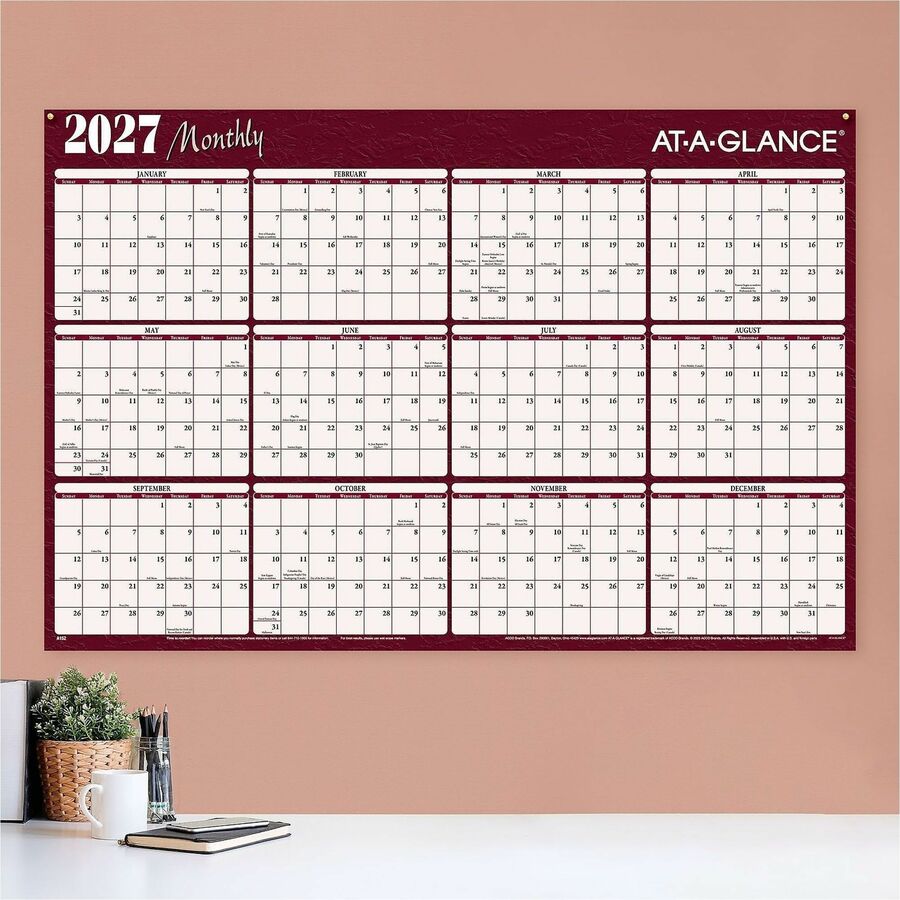 At-A-Glance Horizontal Reversible Erasable Wall Calendar, Extra Large, 12-Month, January 2026–December 2026, 48" x 32", White, Burgundy, Laminated, 1 Each, Includes 2 Wet-Erase Markers