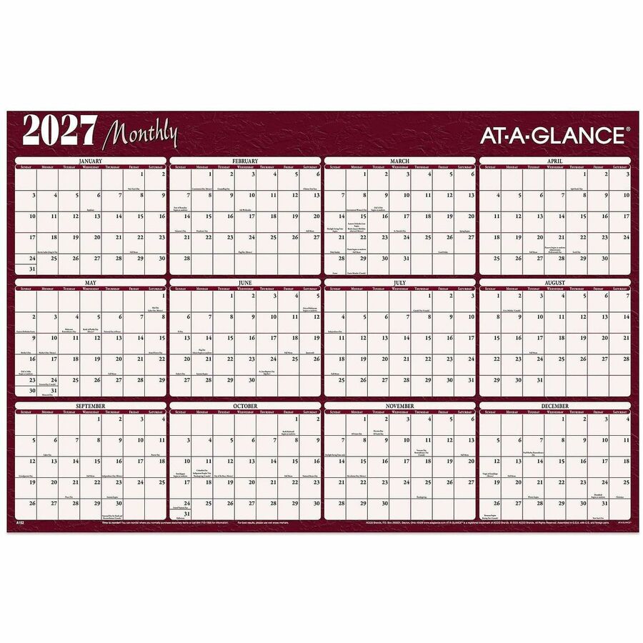 At-A-Glance Horizontal Reversible Erasable Wall Calendar, Extra Large, 12-Month, January 2026–December 2026, 48" x 32", White, Burgundy, Laminated, 1 Each, Includes 2 Wet-Erase Markers