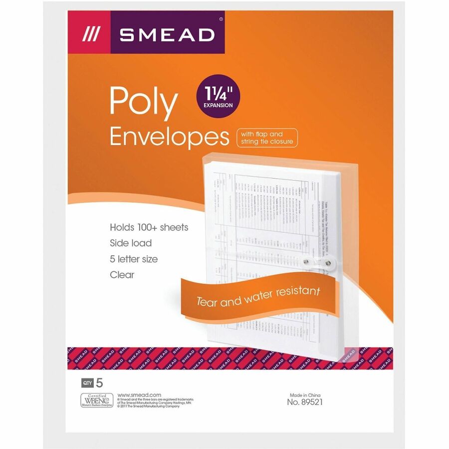 Smead Letter Filing Envelopes, 8.5" x 11", 1.25" Expansion, Polypropylene, Clear, 5 Pack