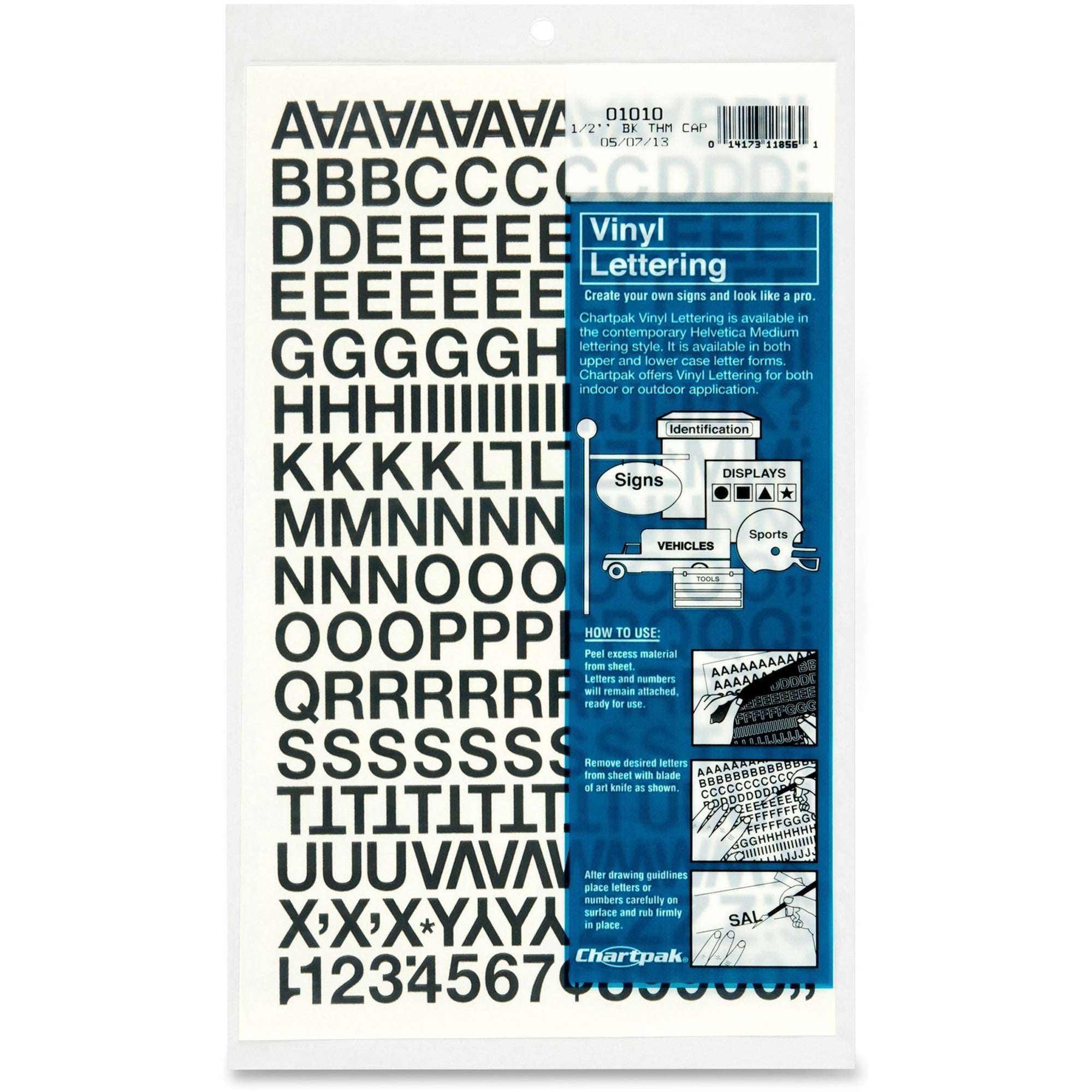 Chartpak Vinyl Helvetica Style Letters/Numbers - 12 x Numbers, 167 x Capital Letters Shape - Self-adhesive - Helvetica Style - Easy to Use - 0.50" Height - Black - Vinyl - 201 / Pack