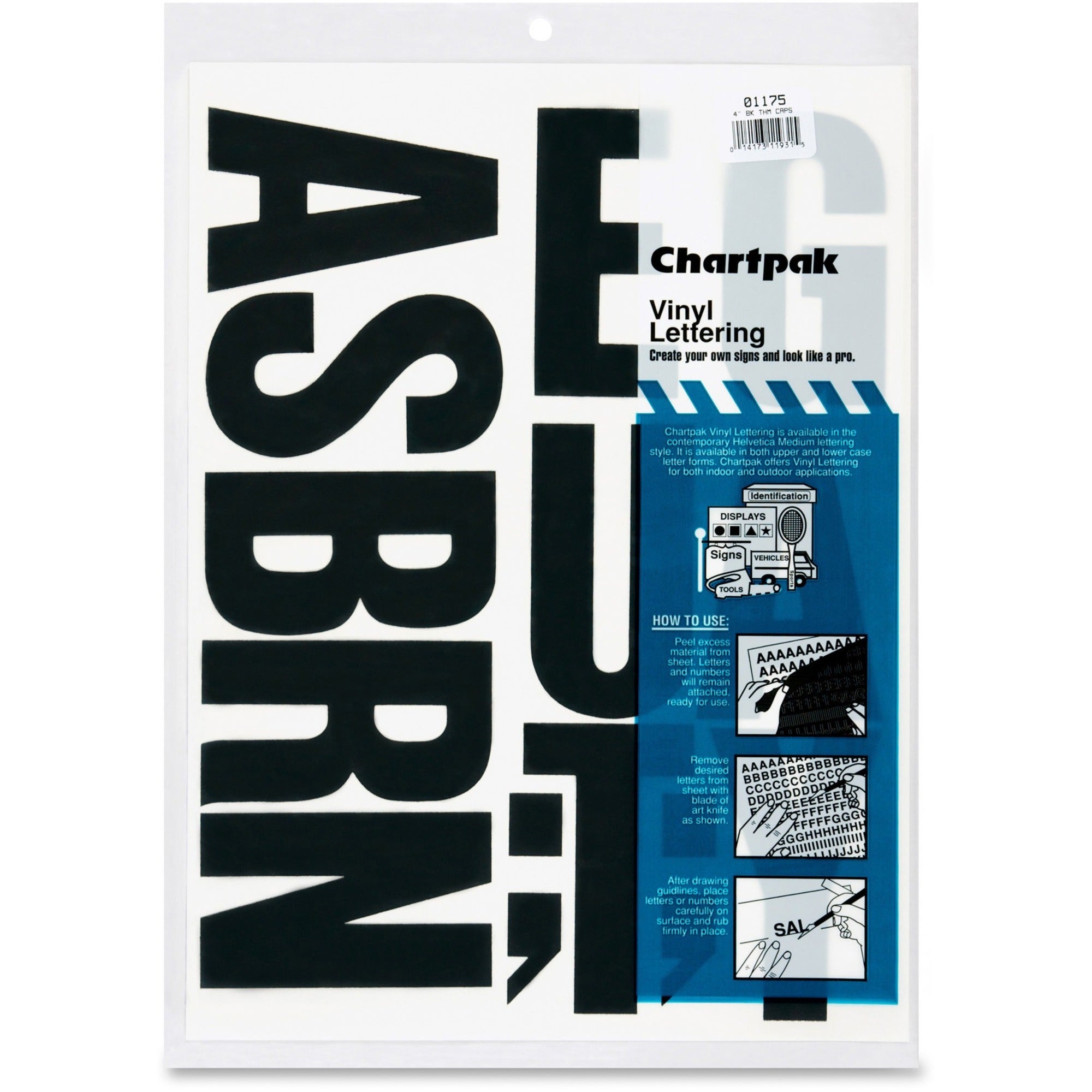 Chartpak Capital Letters - 58 x Capital Letters Shape - Self-adhesive - Helvetica Style - Easy to Use - 4" Height - Black - Vinyl - 58 / Pack