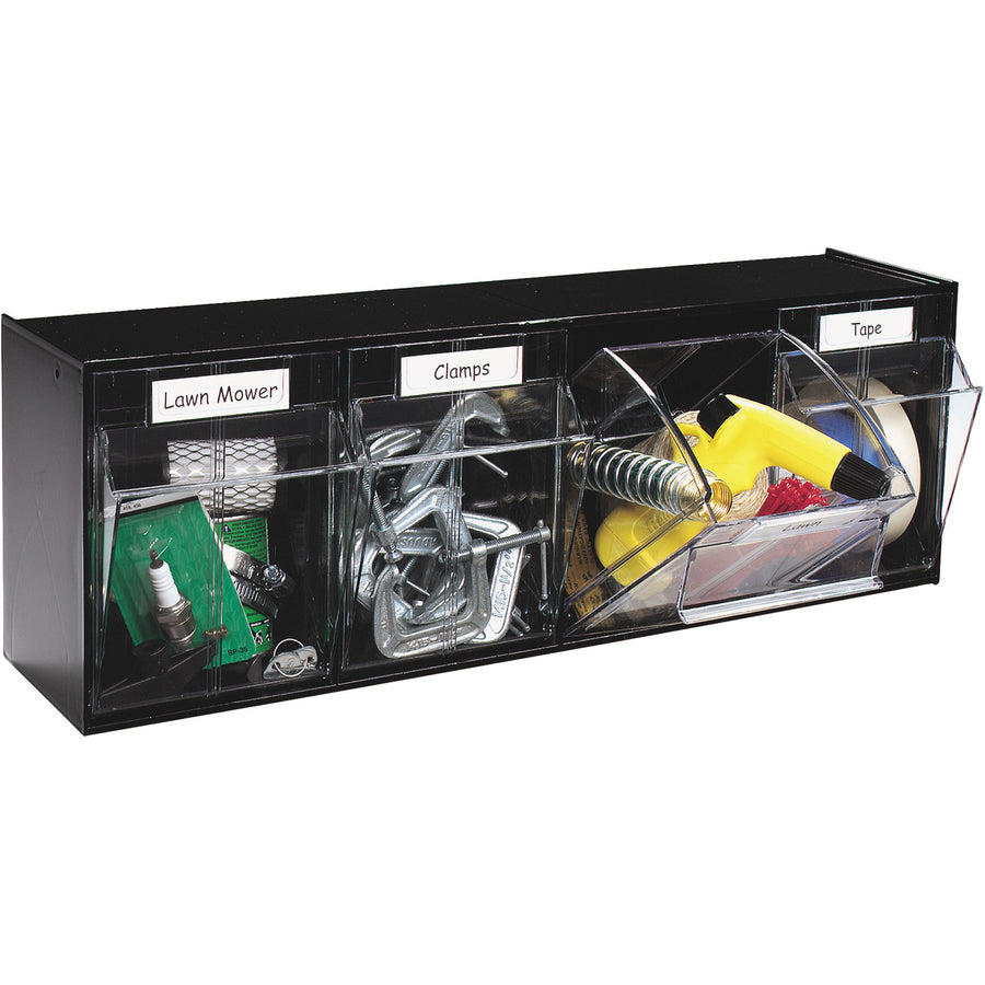 Deflecto Tilt Bin Interlocking Multi-Bin Storage Organizer - 4 Compartment(s) - 8.13" Height x 23.63" Width x 6.62" Depth - Interlockable - Black - Plastic - 1 Each