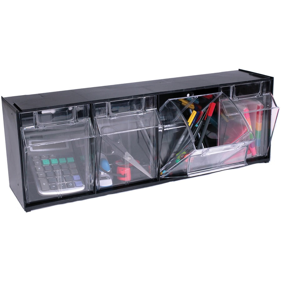 Deflecto Tilt Bin Interlocking Multi-Bin Storage Organizer - 4 Compartment(s) - 8.13" Height x 23.63" Width x 6.62" Depth - Interlockable - Black - Plastic - 1 Each