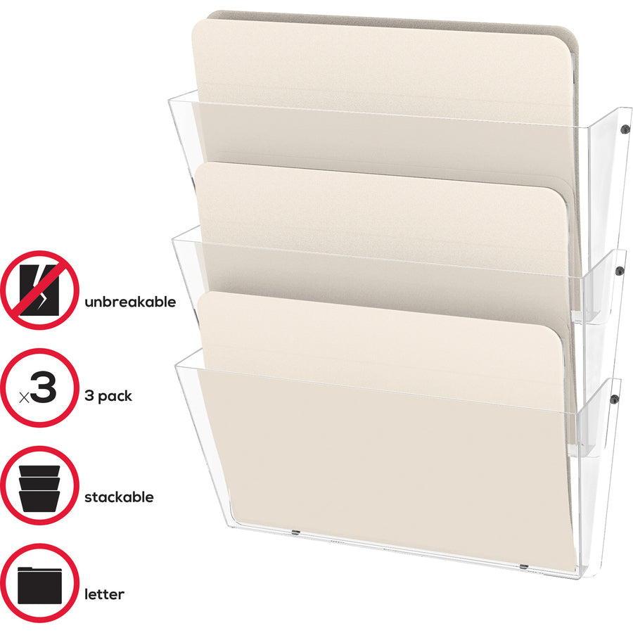 Deflecto Unbreakable DocuPocket - 3 Pocket(s) - 6.50" Height x 14.50" Width x 3" Depth - Unbreakable - Clear - Plastic - 3 / Pack