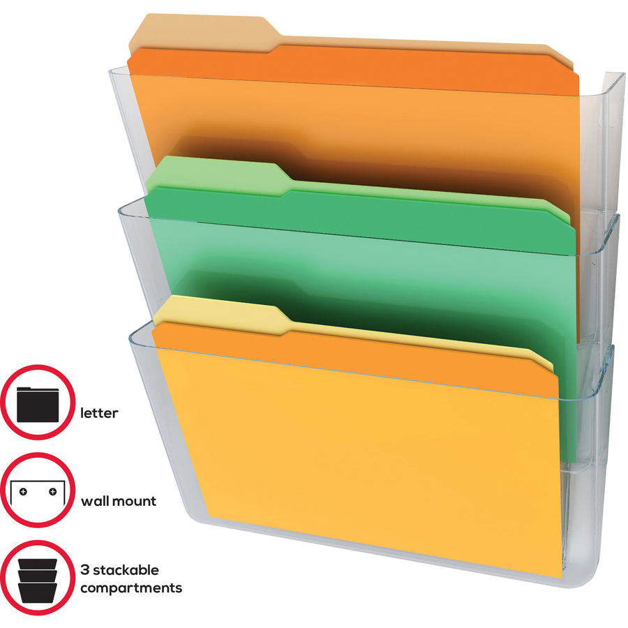 Deflecto Stackable DocuPocket for Partition Walls - 3 Pocket(s) - 3 Compartment(s) - 7" Height x 13" Width x 4" Depth - Stackable - Clear - 3 / Set