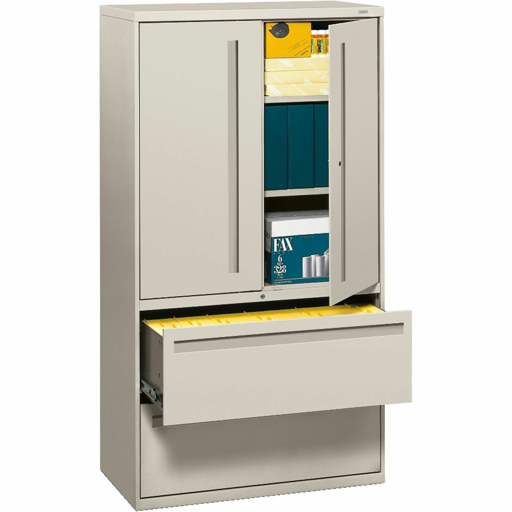 HON Brigade 700 Series Lateral File, 2-Drawer, 3 Shelves, 2 Doors, 36"W x 18"D x 64.3"H, Light Gray, Steel, 1 Each