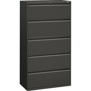 HON Brigade 800 Series 5-Drawer Lateral File Cabinet, 36"W x 18"D x 64.2"H, 2 Shelves, Charcoal, Steel, Ball-Bearing Suspension, Interlocking, Leveling Glide, Recessed Handle, 1 Each