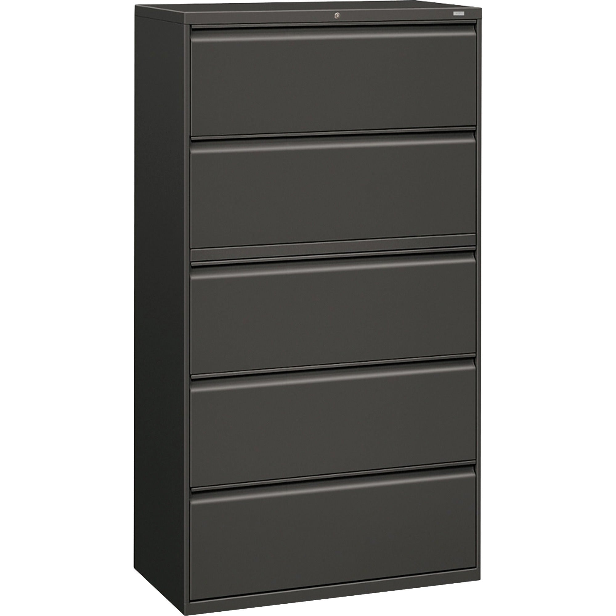 HON Brigade 800 Series 5-Drawer Lateral File Cabinet, 36"W x 18"D x 64.2"H, 2 Shelves, Charcoal, Steel, Ball-Bearing Suspension, Interlocking, Leveling Glide, Recessed Handle, 1 Each