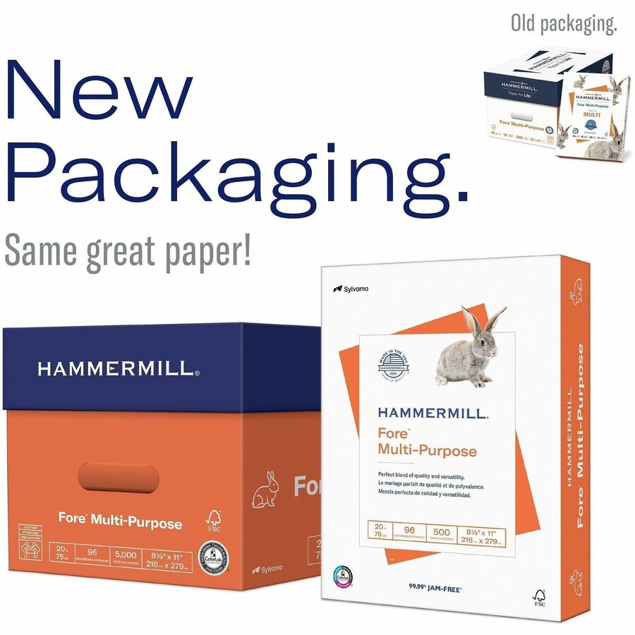 Hammermill Fore Multipurpose Copy Paper - White - 96 Brightness - Letter - 8 1/2" x 11" - 24 lb Basis Weight - Jam-free, Archival-safe - White - 500 Sheets per Ream - 10 / Carton