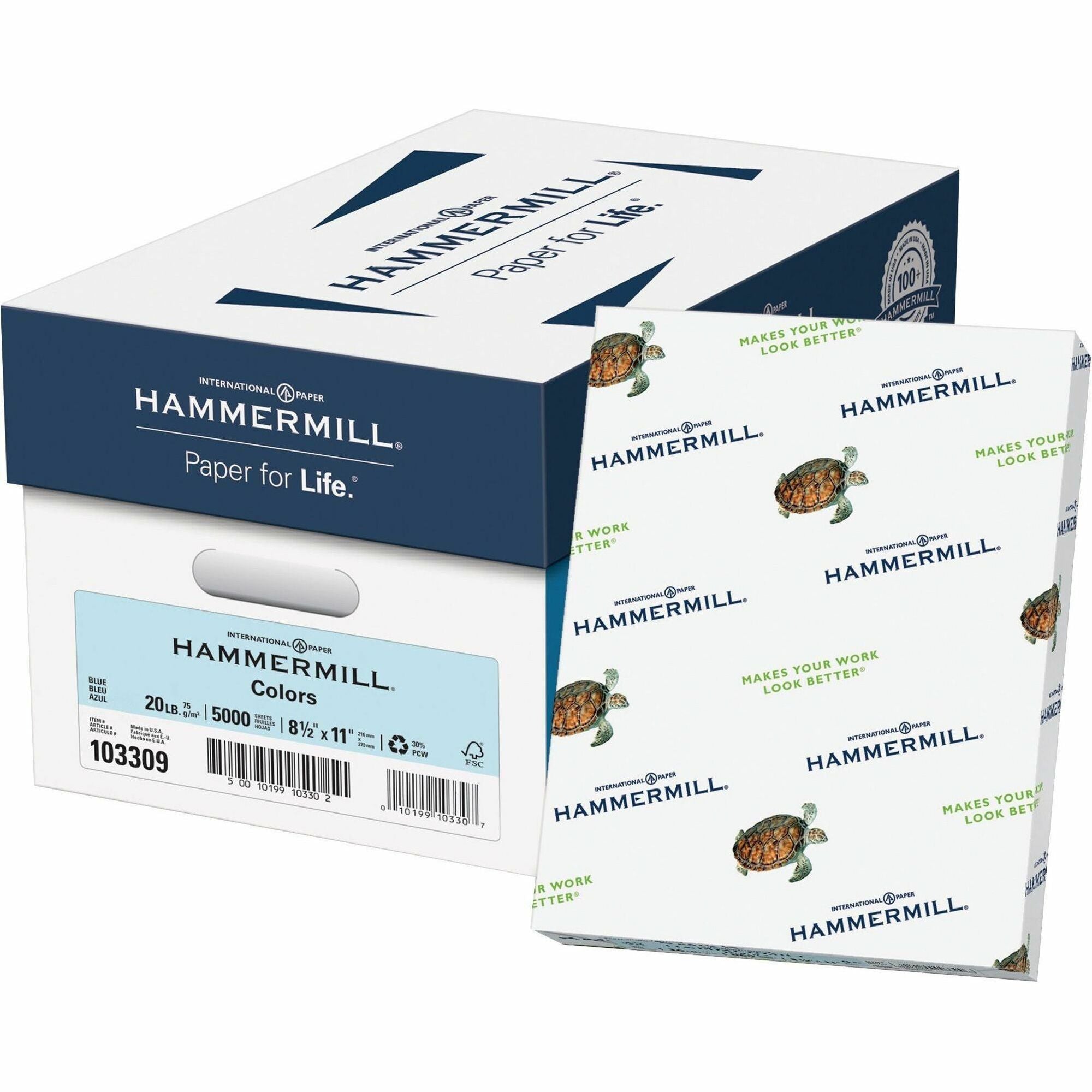 Hammermill Colors Recycled Copy Paper - Blue - Letter - 8 1/2" x 11" - 20 lb Basis Weight - Smooth - Sustainable Forestry Initiative (SFI) - Archival-safe, Acid-free, Jam-free - Blue - 500 / Ream