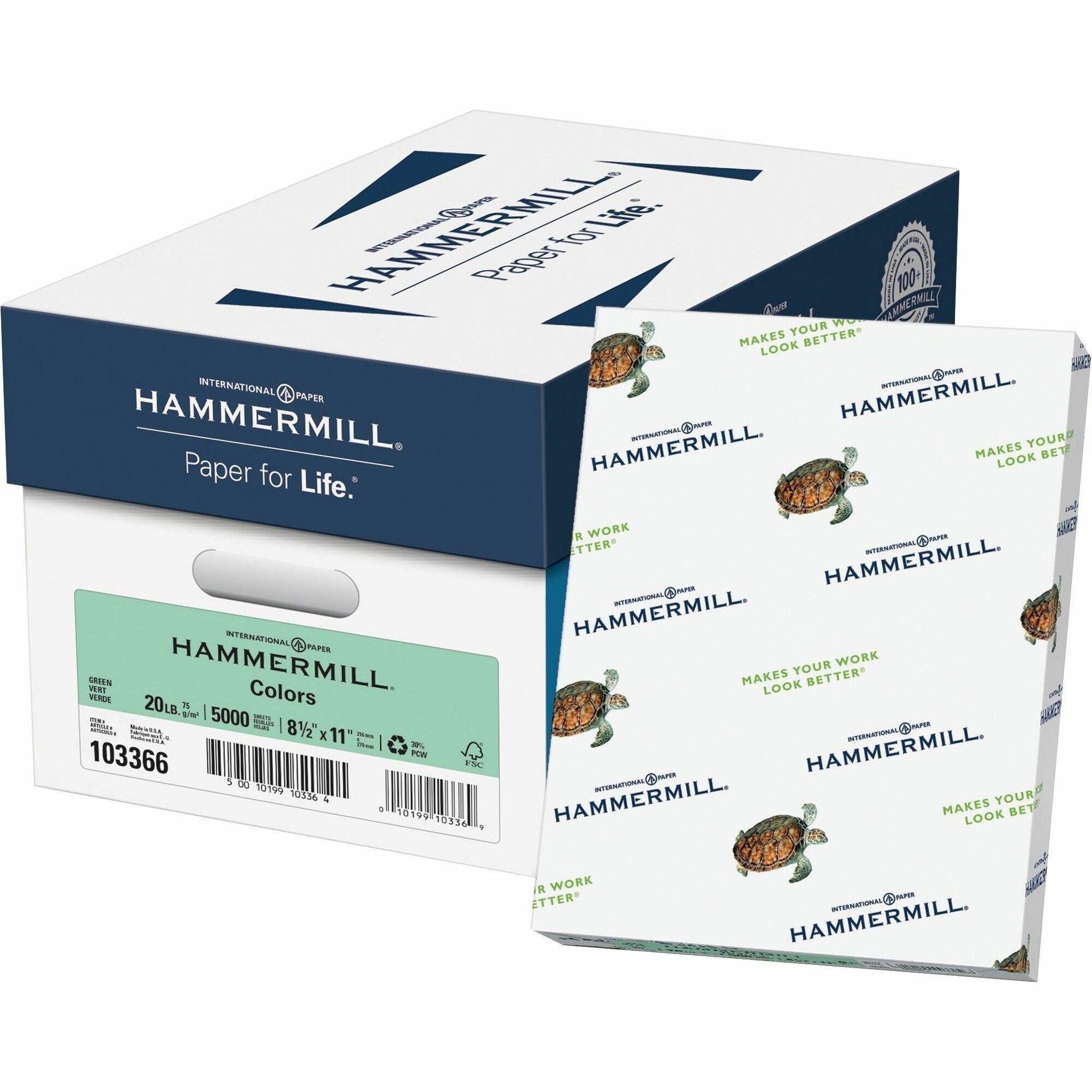 Hammermill Colors Recycled Copy Paper - Green - Letter - 8 1/2" x 11" - 20 lb Basis Weight - Smooth - Sustainable Forestry Initiative (SFI) - Acid-free, Archival-safe, Jam-free - Green - 10 / Pack