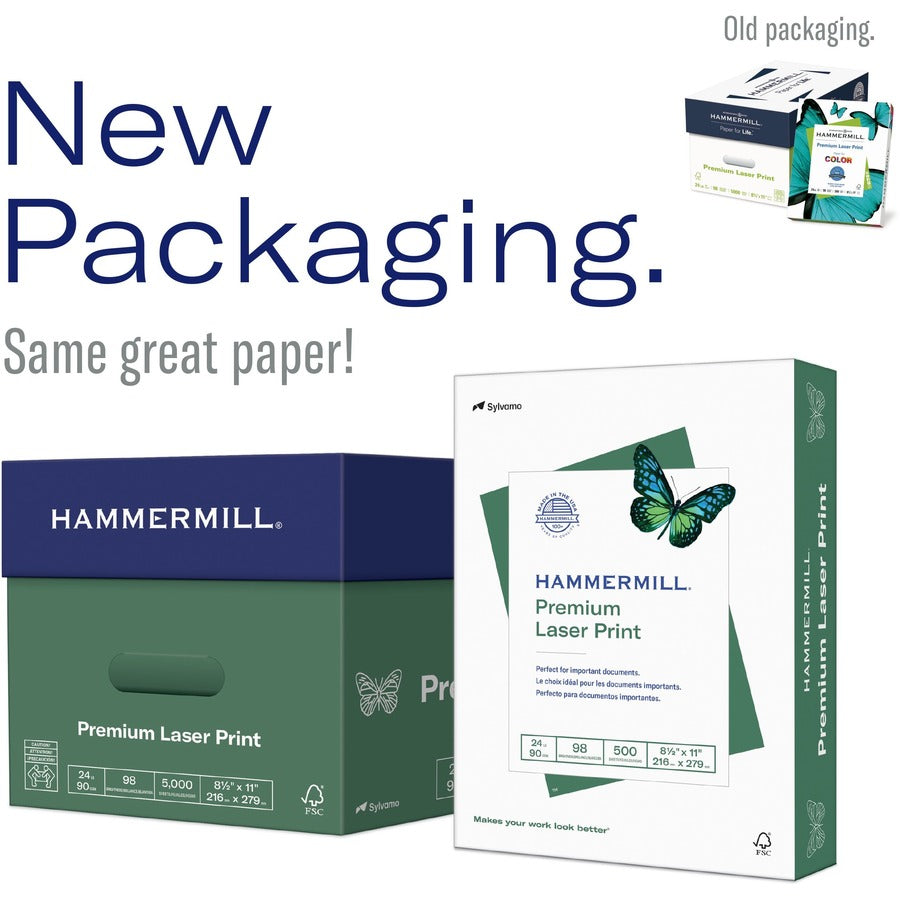 Hammermill Premium Laser Print Paper - White - 98 Brightness - Letter - 8 1/2" x 11" - 28 lb Basis Weight - Ultra Smooth - Sustainable Forestry Initiative (SFI) - White - 500 / Ream