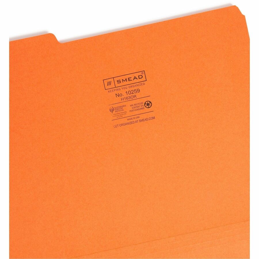 Smead 1/3 Tab Cut Letter Recycled Interior File Folder - 8 1/2" x 11" - 3/4" Expansion - Top Tab Location - Assorted Tab Position - 11 pt. - 1 Plys - Paper - Orange - 10% Recycled - 100 / Box