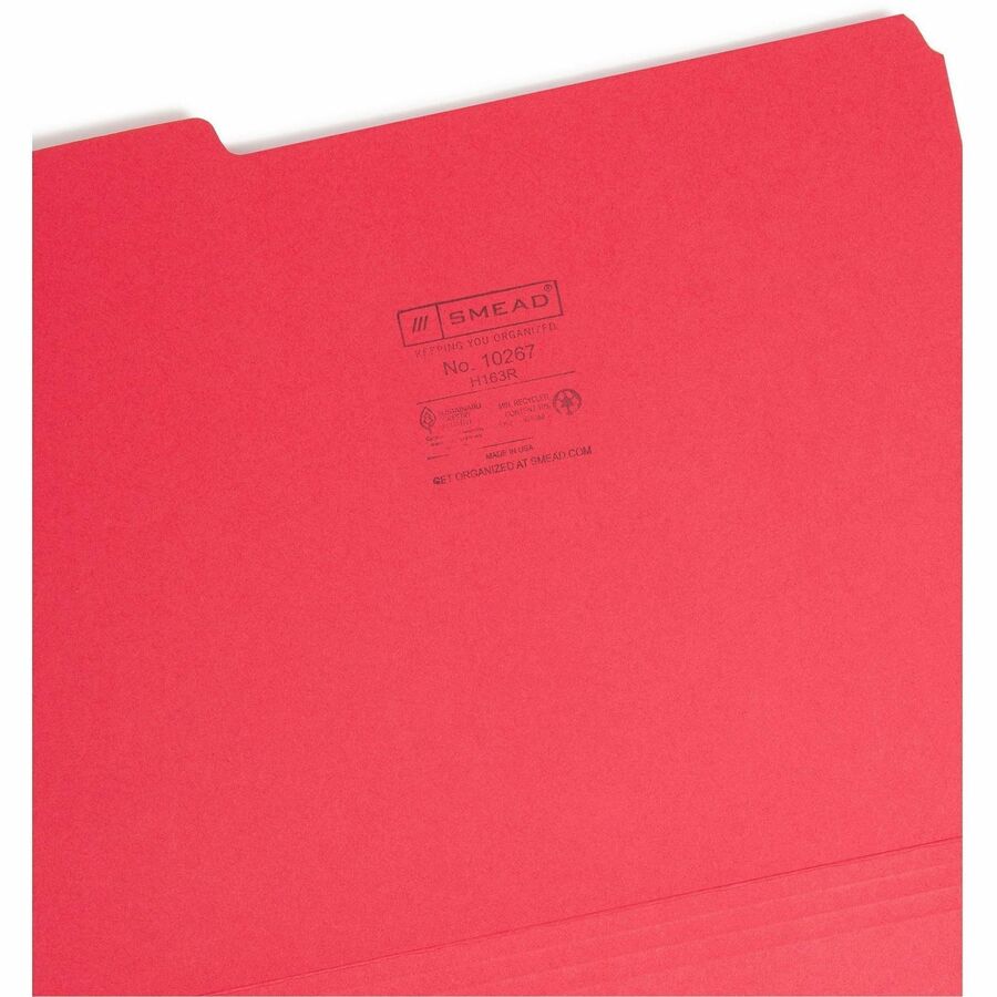 Smead 1/3 Tab Cut Letter Recycled Interior File Folder - 8 1/2" x 11" - 3/4" Expansion - Top Tab Location - Assorted Tab Position - 11 pt. - 1 Plys - Paper - Red - 10% Recycled - 100 / Box