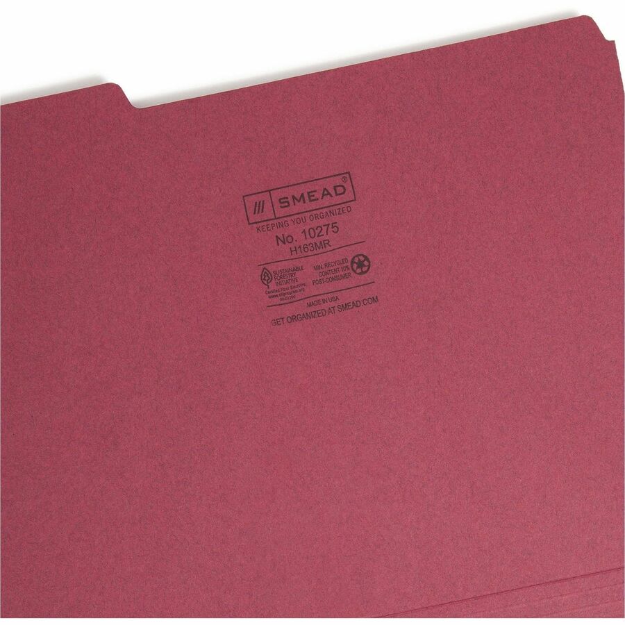 Smead 1/3 Tab Cut Letter Recycled Interior File Folder - 8 1/2" x 11" - 3/4" Expansion - Top Tab Location - Assorted Tab Position - 11 pt. - 1 Plys - Paper - Maroon - 10% Recycled - 100 / Box