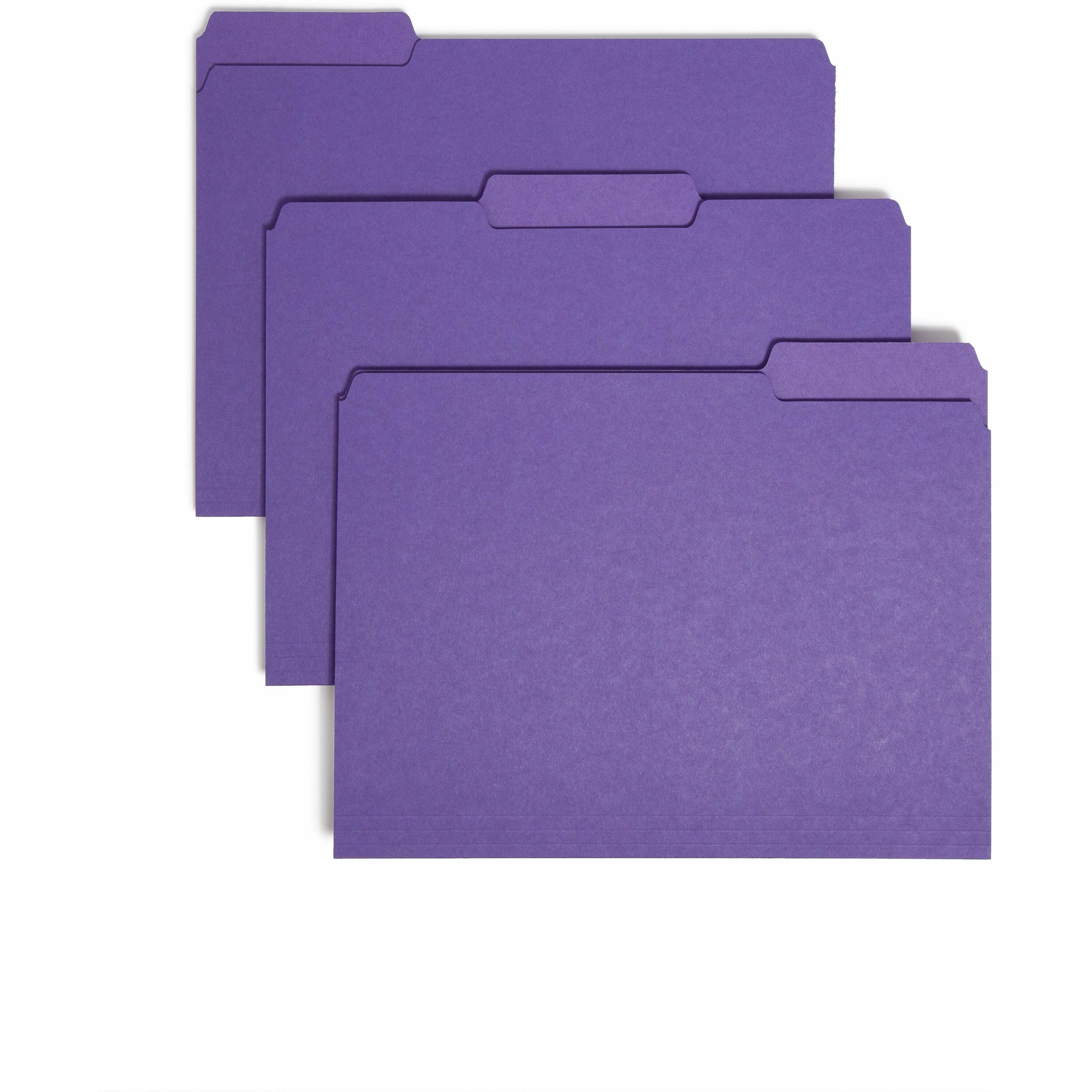 Smead 1/3 Tab Cut Letter Recycled Interior File Folder - 8 1/2" x 11" - 3/4" Expansion - Top Tab Location - Assorted Tab Position - 11 pt. - 1 Plys - Paper - Purple - 10% Recycled - 100 / Box