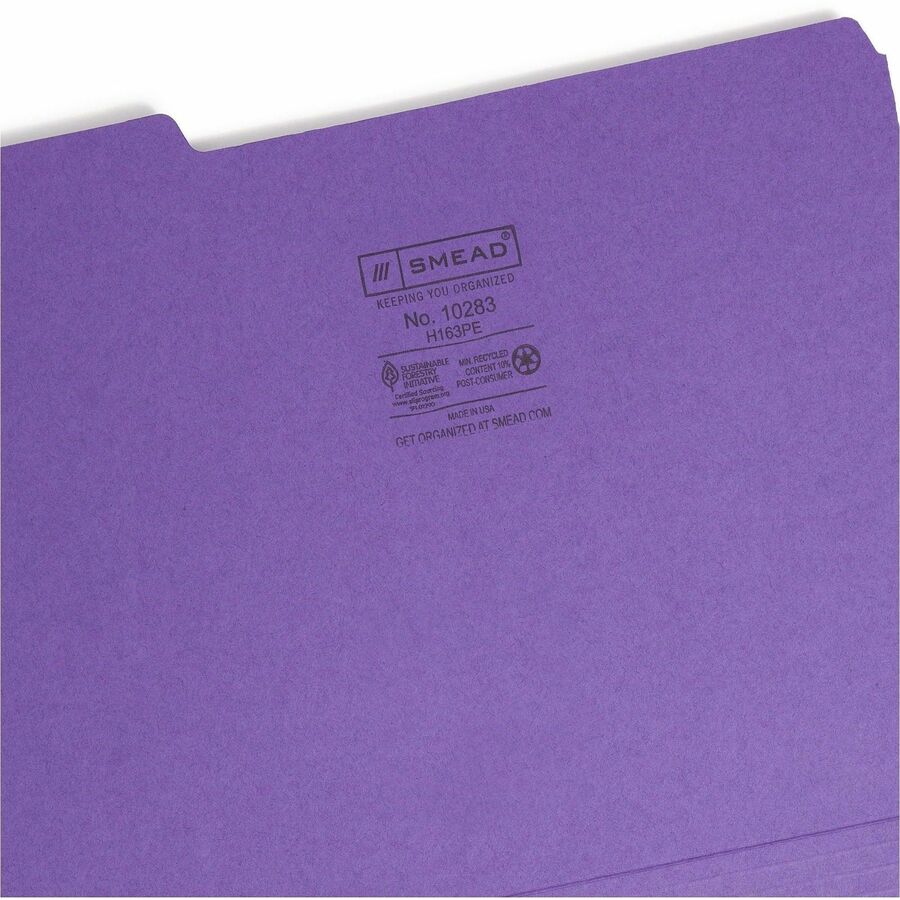 Smead 1/3 Tab Cut Letter Recycled Interior File Folder - 8 1/2" x 11" - 3/4" Expansion - Top Tab Location - Assorted Tab Position - 11 pt. - 1 Plys - Paper - Purple - 10% Recycled - 100 / Box