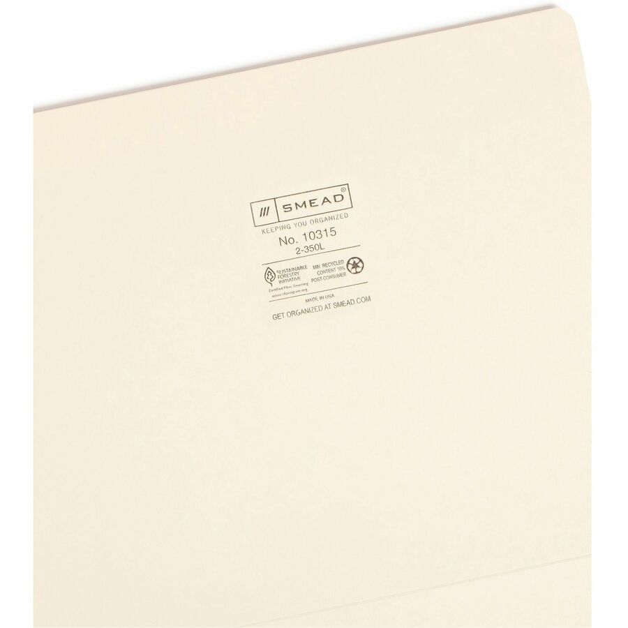 Smead Straight Tab Cut Letter Recycled Top Tab File Folder - 8 1/2" x 11" - Internal Pocket(s) - 11 pt. - 2 Plys - Manila - Reinforced, Heavyweight - 10% Recycled - 50 / Box