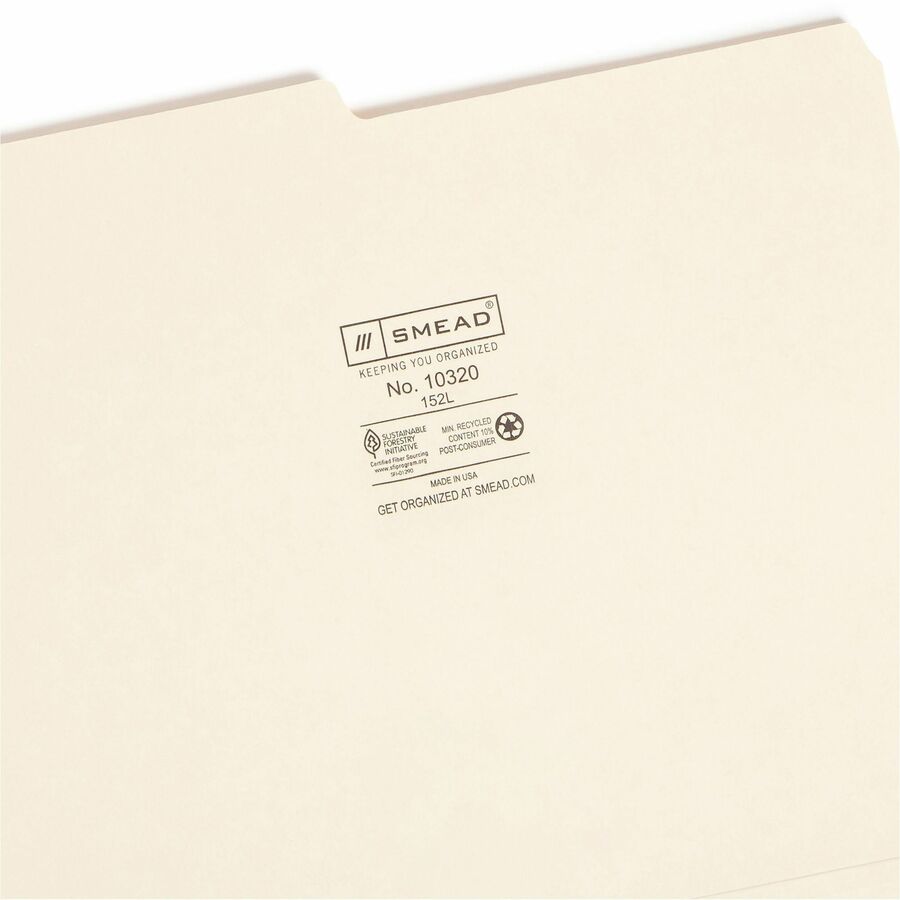 Smead 1/2 Tab Cut Letter Recycled Top Tab File Folder - 8 1/2" x 11" - 3/4" Expansion - Top Tab Location - Assorted Tab Position - 11 pt. - 1 Plys - Manila - 10% Recycled - 100 / Box