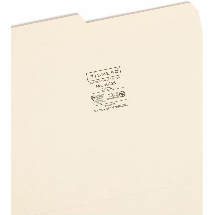 Smead 1/2 Tab Cut Letter Recycled Top Tab File Folder - 8 1/2" x 11" - 3/4" Expansion - Top Tab Location - Assorted Tab Position - 11 pt. - 2 Plys - Manila - Reinforced, Durable, Reinforced Tab, Rounded Corner - 10% Recycled - 100 / Box