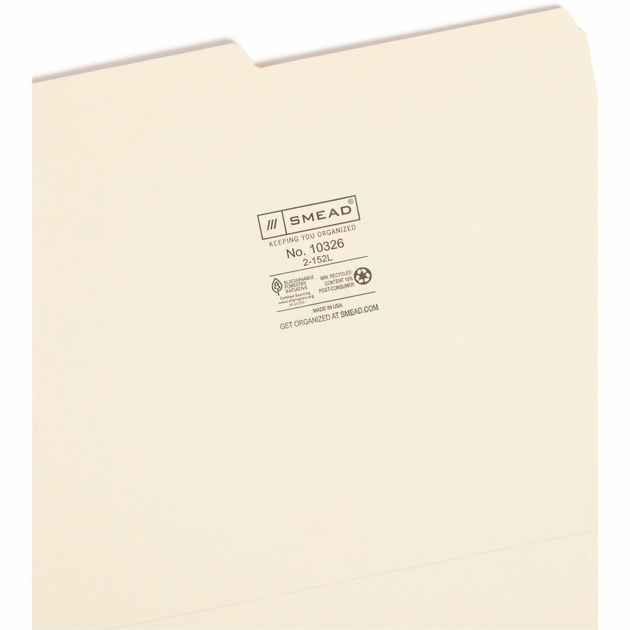 Smead 1/2 Tab Cut Letter Recycled Top Tab File Folder - 8 1/2" x 11" - 3/4" Expansion - Top Tab Location - Assorted Tab Position - 11 pt. - 2 Plys - Manila - Reinforced, Durable, Reinforced Tab, Rounded Corner - 10% Recycled - 100 / Box