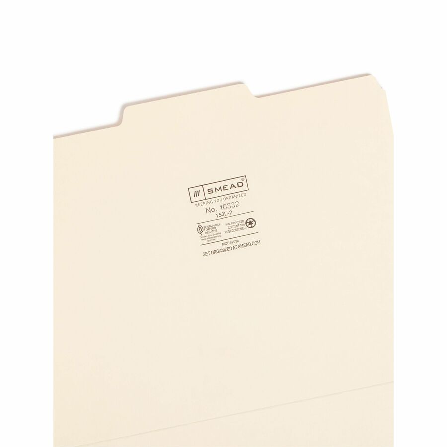 Smead 1/3 Tab Cut Letter Recycled Top Tab File Folder - 8 1/2" x 11" - 3/4" Expansion - Top Tab Location - Center Tab Position - 11 pt. - 1 Plys - Manila - 10% Recycled - 100 / Box