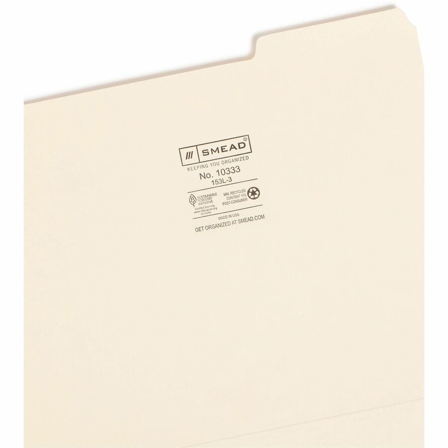 Smead 1/3 Tab Cut Letter Recycled Top Tab File Folder - 8 1/2" x 11" - 3/4" Expansion - Top Tab Location - Right Tab Position - 11 pt. - 1 Plys - Manila - 10% Recycled - 100 / Box