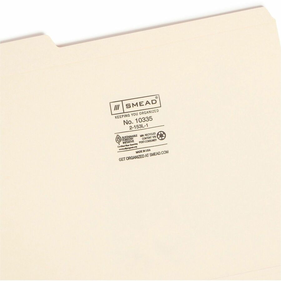 Smead 1/3 Tab Cut Letter Recycled Top Tab File Folder - 8 1/2" x 11" - 3/4" Expansion - Top Tab Location - Left Tab Position - 11 pt. - 2 Plys - Manila - Reinforced, Durable, Reinforced Tab, Rounded Corner - 10% Recycled - 100 / Box