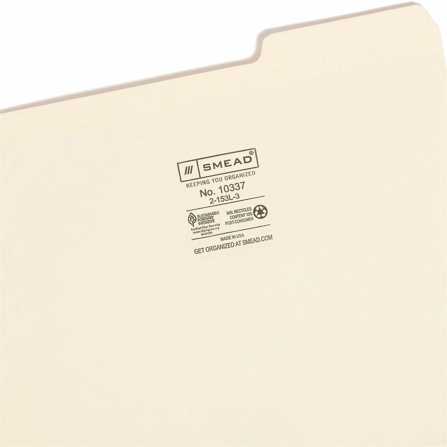 Smead 1/3 Tab Cut Letter Recycled Top Tab File Folder - 8 1/2" x 11" - 3/4" Expansion - Top Tab Location - Right Tab Position - 11 pt. - 2 Plys - Manila - Reinforced, Durable, Reinforced Tab, Rounded Corner - 10% Recycled - 100 / Box