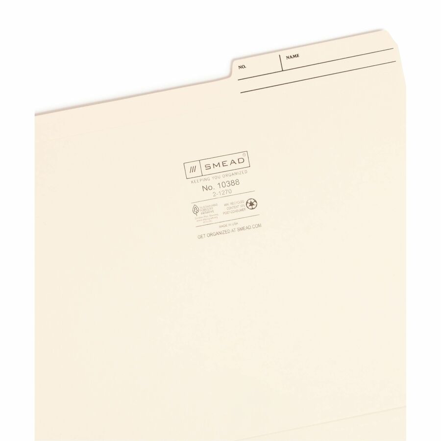 Smead 2/5 Tab Cut Letter Recycled Top Tab File Folder - 8 1/2" x 11" - 3/4" Expansion - Right Tab Position - 11 pt. - 2 Plys - Manila - Preprinted, Reinforced Tab, Durable, Rounded Corner - 10% Recycled - 1 / Pack